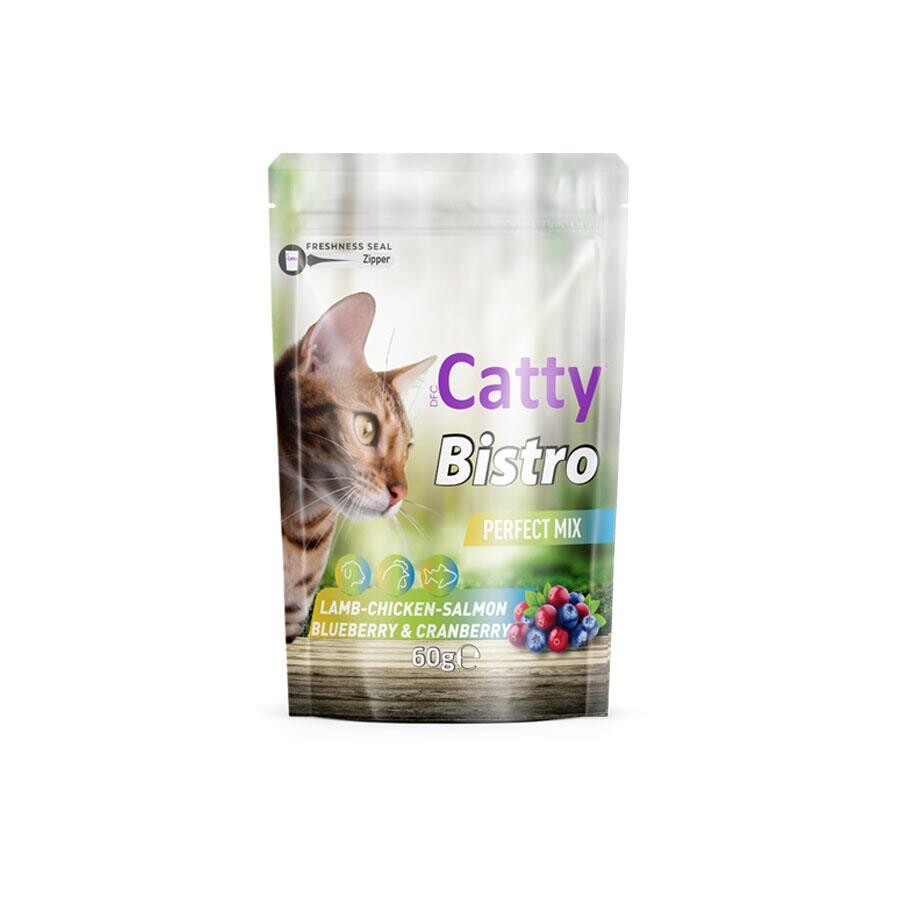 Catty Bistro Mükemmel Karışım Kuzulu Tavuklu Somonlu Yaban Mersinli Ve Kızılcıklı Kedi Ödül Maması 60 GR | SRC: Barcode: 8680542871867